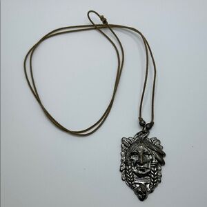 Vintage Stamped Silver Native American Pendant Necklace On A Leather Cord